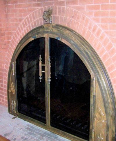 Over sized Medieval Arch All ancient aged patina finish, twin  doors with medieval handles, standard smoke glass with dragon head design.